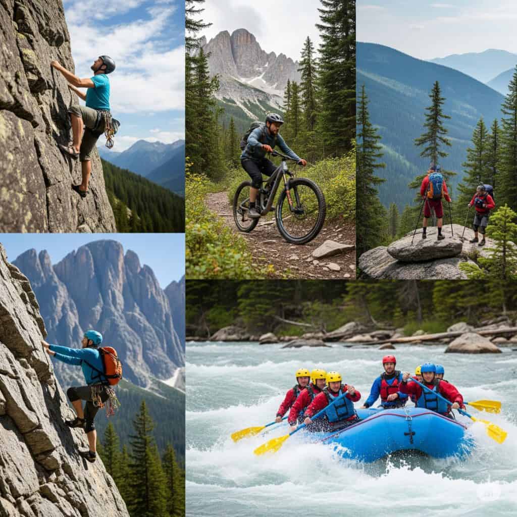 Kletterer in den Bergen, Mountainbiker im Wald, Wanderer auf Felsen, Kletterer in den Dolomiten, Wildwassersport mit einer Gruppe beim Kanufahren in den Alpen.