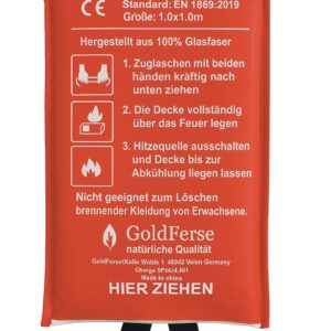 Feuerlöscher Decke aus Glasfaser, rot mit Anweisungen und GoldFerse Logo für Brandschutz, 100% Glasfaser, Feuerwehr, Brandschutz, Sicherheit, Feuerwehrdecke, Notfallschutz, Brandbekämpfung.