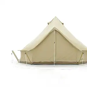 Stabhütte aus robustem Canvas, ideal für Camping und Outdoor-Aktivitäten, in neutralem Beige, mit stabilen Abspannseilen und Heringen für sicheren Halt auf jedem Terrain.