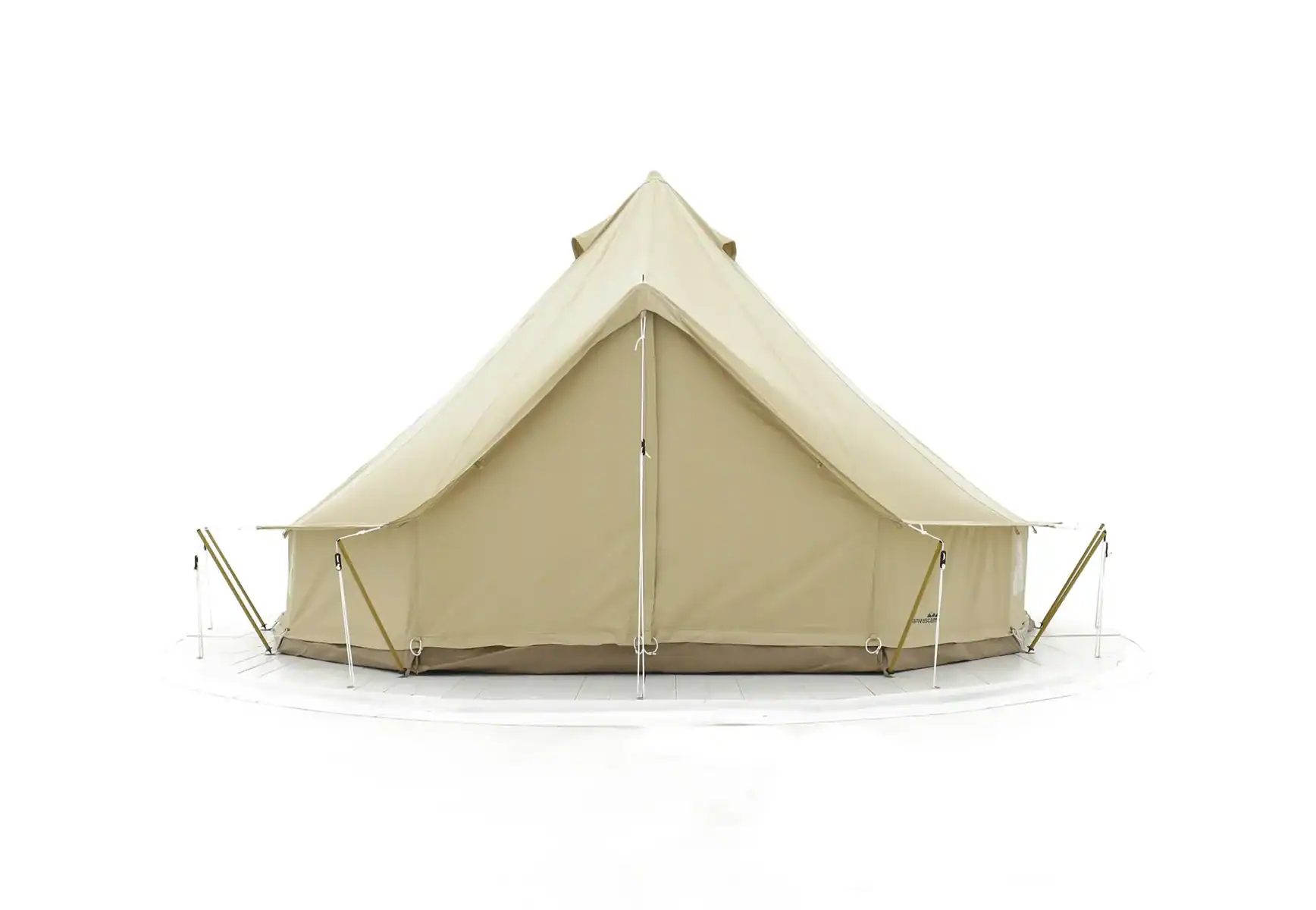 Stabhütte aus robustem Canvas, ideal für Camping und Outdoor-Aktivitäten, in neutralem Beige, mit stabilen Abspannseilen und Heringen für sicheren Halt auf jedem Terrain.