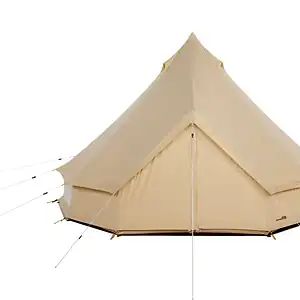 Beige Canvas-Zelt, ideal für Camping und Outdoor-Aktivitäten, robust und wetterfest, bietet komfortablen Schutz vor Wind und Regen.