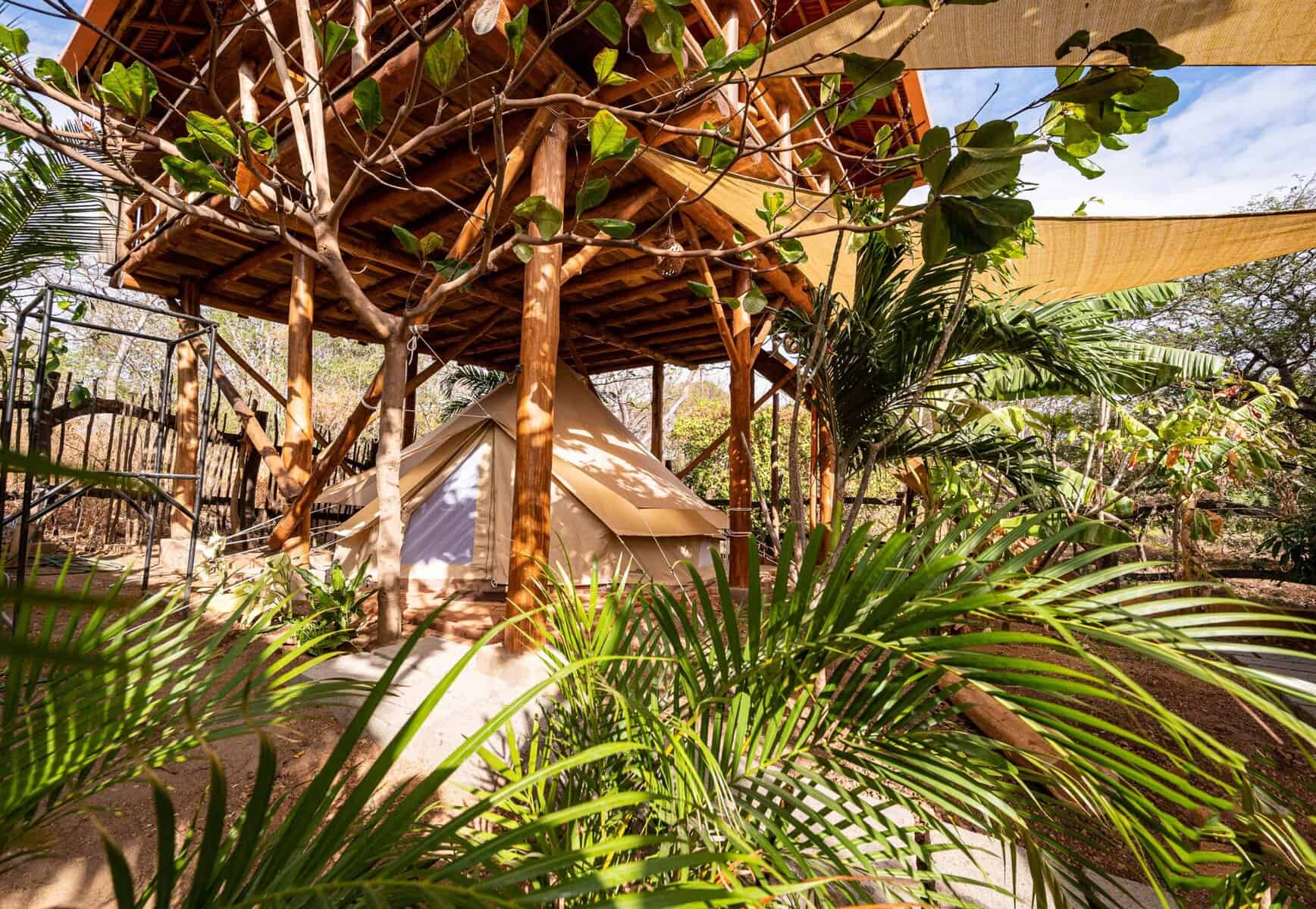 Naturcamping im Grünen mit einem gemütlichen Zelt unter einem Holzpavillon, umgeben von tropischen Pflanzen und Bäumen, ideal für nachhaltiges und naturnahes Reisen.