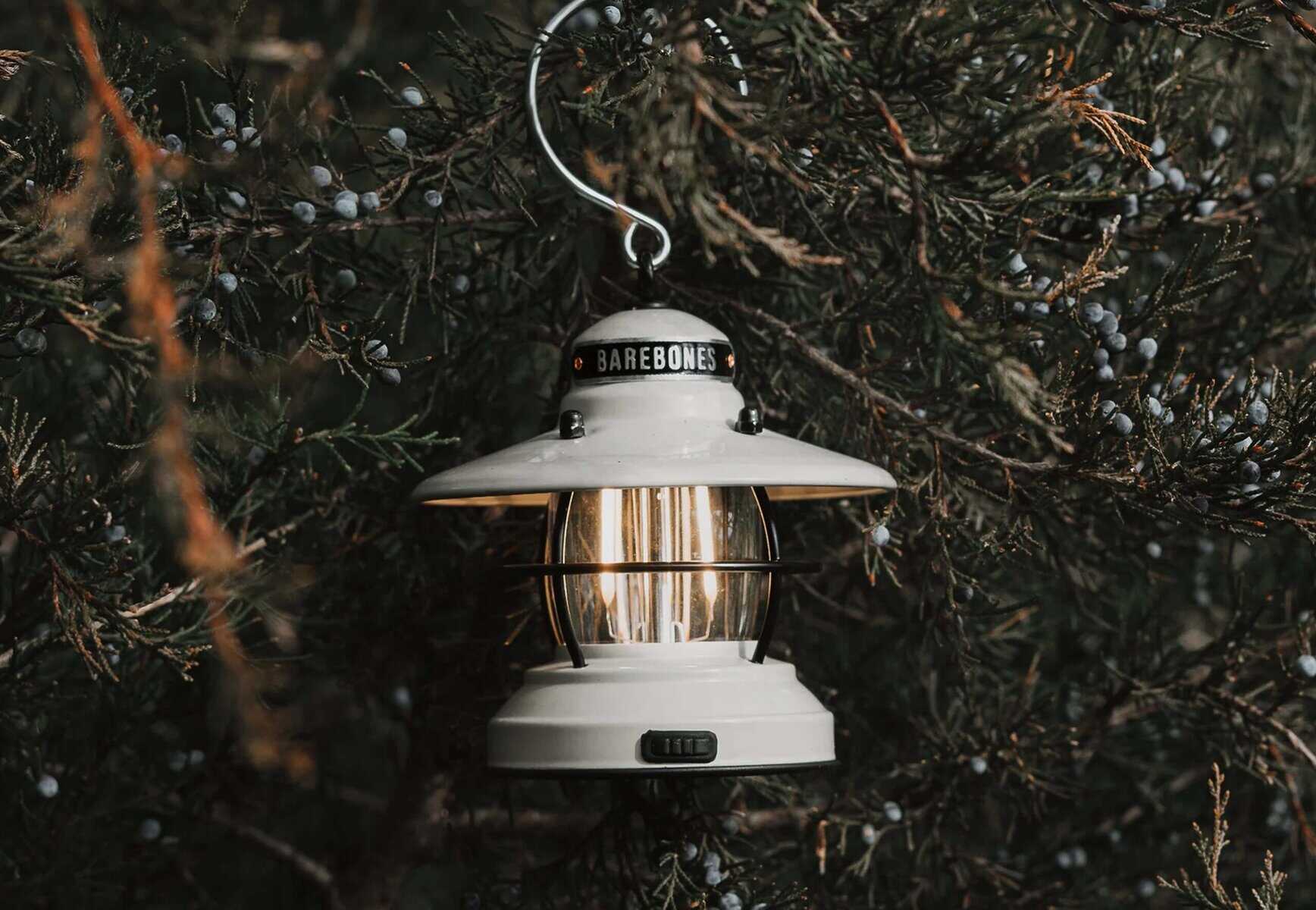 Leuchtende Laterne im dunklen Tannengeäst, dekorativ und warm leuchtend, für Advents- und Winterdekorationen, mit BÄRENBONE-Label, ideal für festliche Stimmung an kalten Abenden.