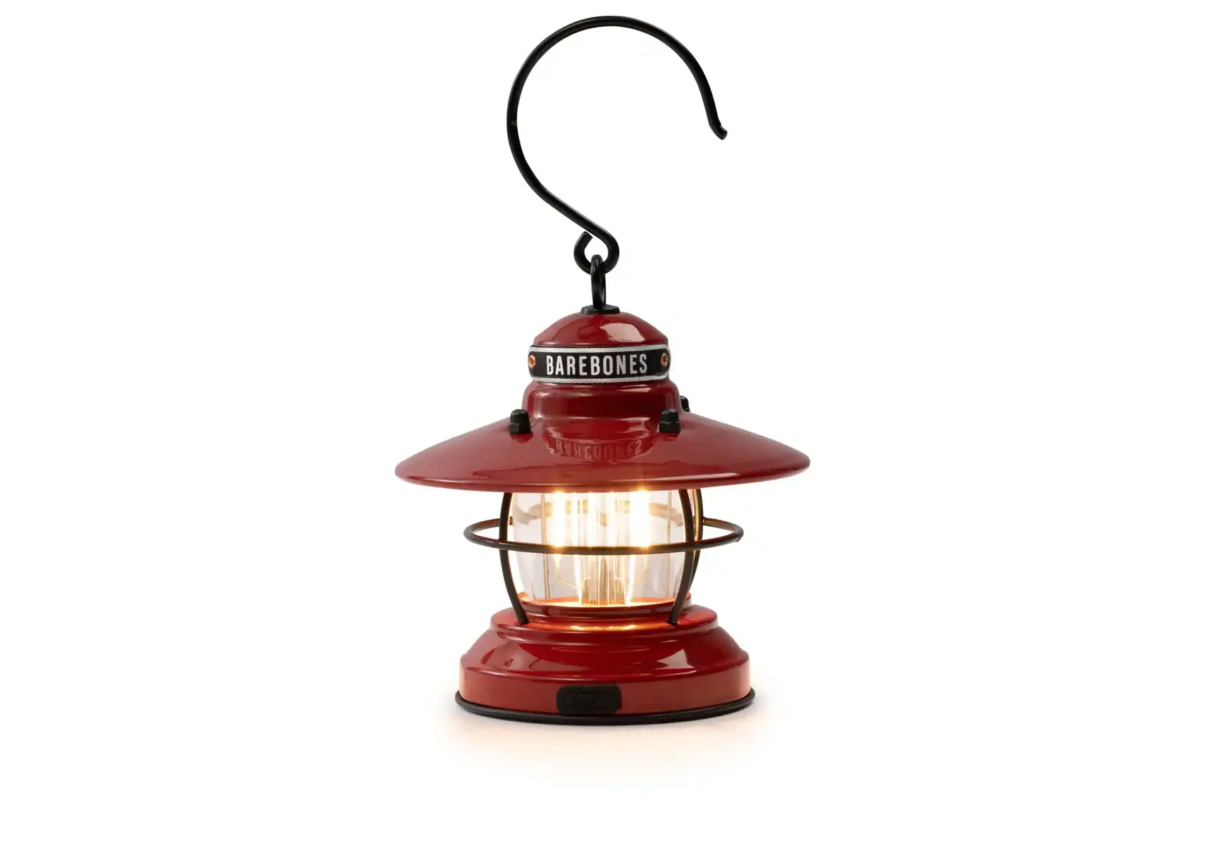 Leuchtende Campinglaterne in Rot mit hitzebeständigem Metallgitter und praktischer Haken für outdoor Abenteurer, ideal für Camping, Notfall und Garten.