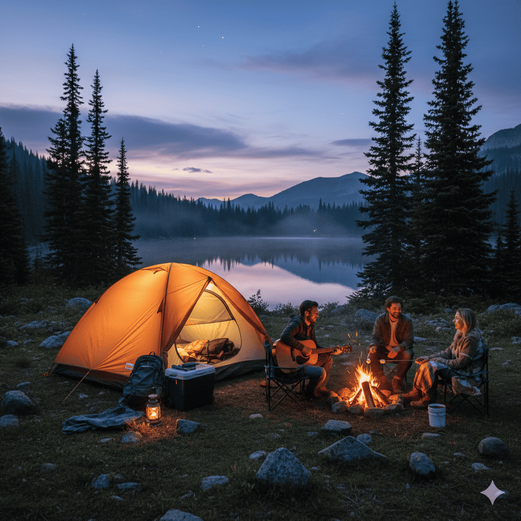 Abenteuerliches Camping in der Natur mit Zelt, Lagerfeuer, Freunden und Gitarre bei Sonnenuntergang in den Bergen, Natur erleben, Outdoor-Aktivitäten, Camping-Urlaub, Naturverbundenheit, Naturerlebnis in Deutschland.