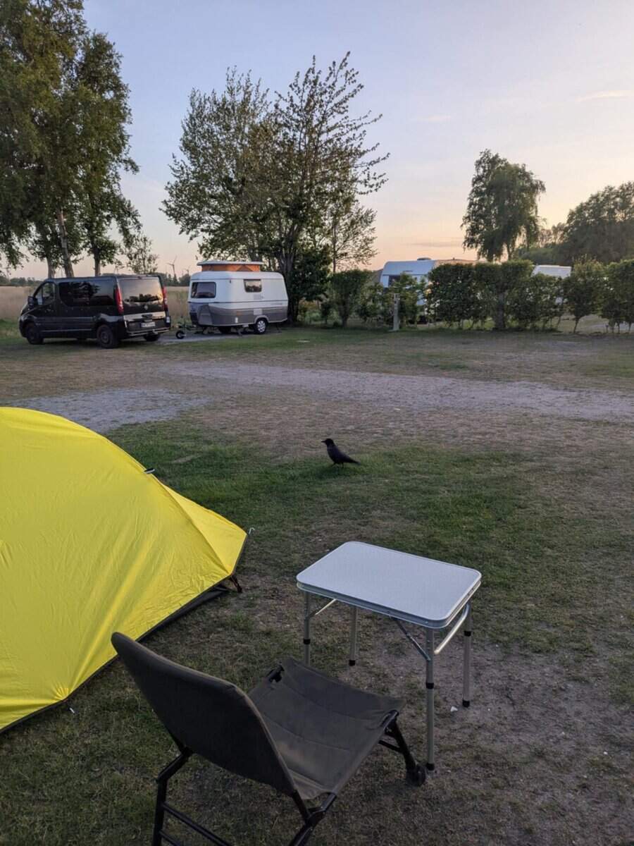 Schlafplatz auf Campingplatz mit Zelt, Campingstuhl, Tisch, Vogel und Wohnwagen im Hintergrund bei Sonnenuntergang, Natur und Erholung, Outdoor-Abenteuer, GoldFerse Camping.