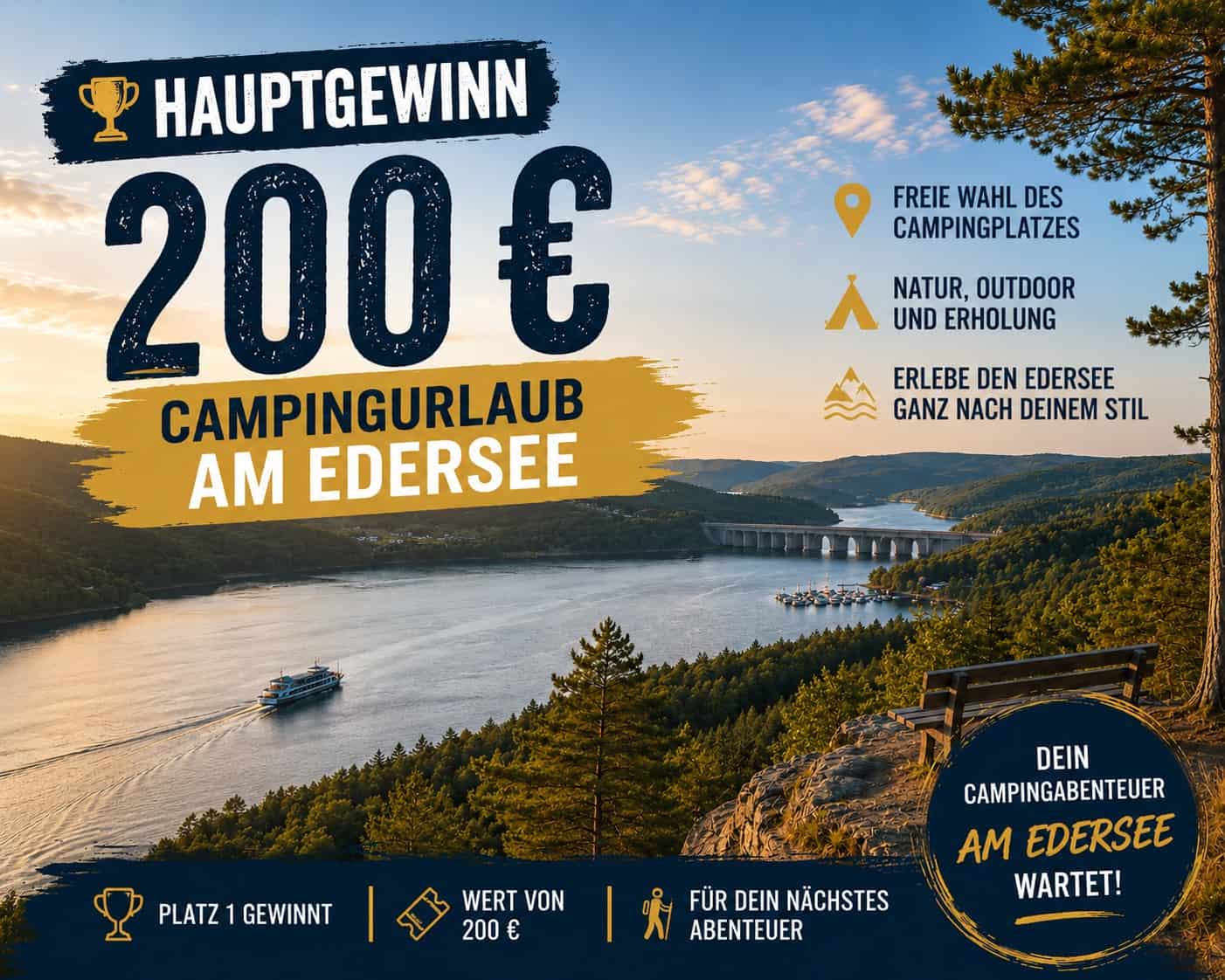 Camping am Edersee mit Blick auf den See, umgeben von Natur, ideal für Outdoor-Aktivitäten und Erholung, inklusive Gewinnspiel mit 200 € Gutschein.