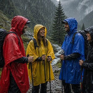Vier Wanderer in bunten Regenponchos im Regen, umgeben von Natur und Bäumen, lachen und unterhalten sich auf einem nassen Pfad.