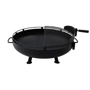 Große Cowboy-Feuerschale mit höhenverstellbarem Grillrost, ideal für Lagerfeuer und Grillabende im Freien, robustes Design, schwarz.