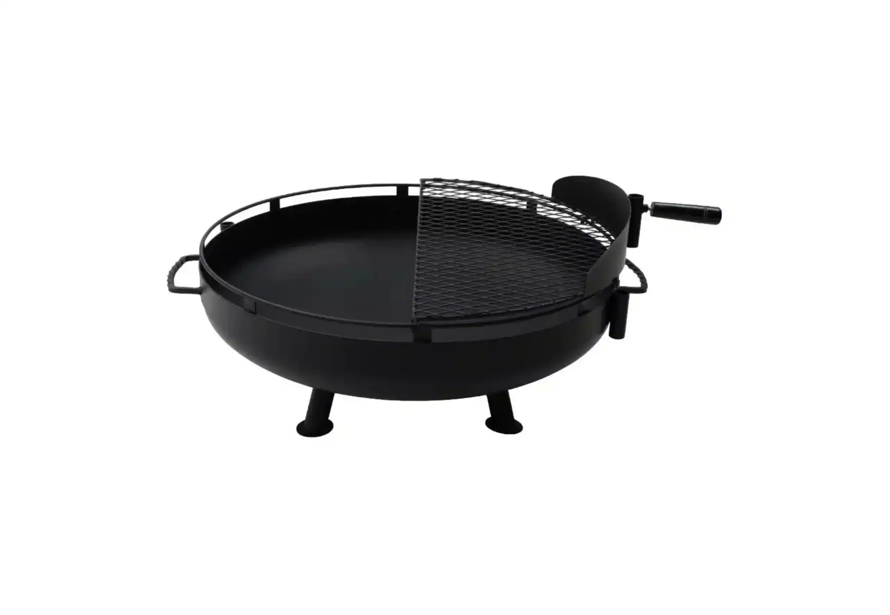 Große Cowboy-Feuerschale mit höhenverstellbarem Grillrost, ideal für Lagerfeuer und Grillabende im Freien, robustes Design, schwarz.