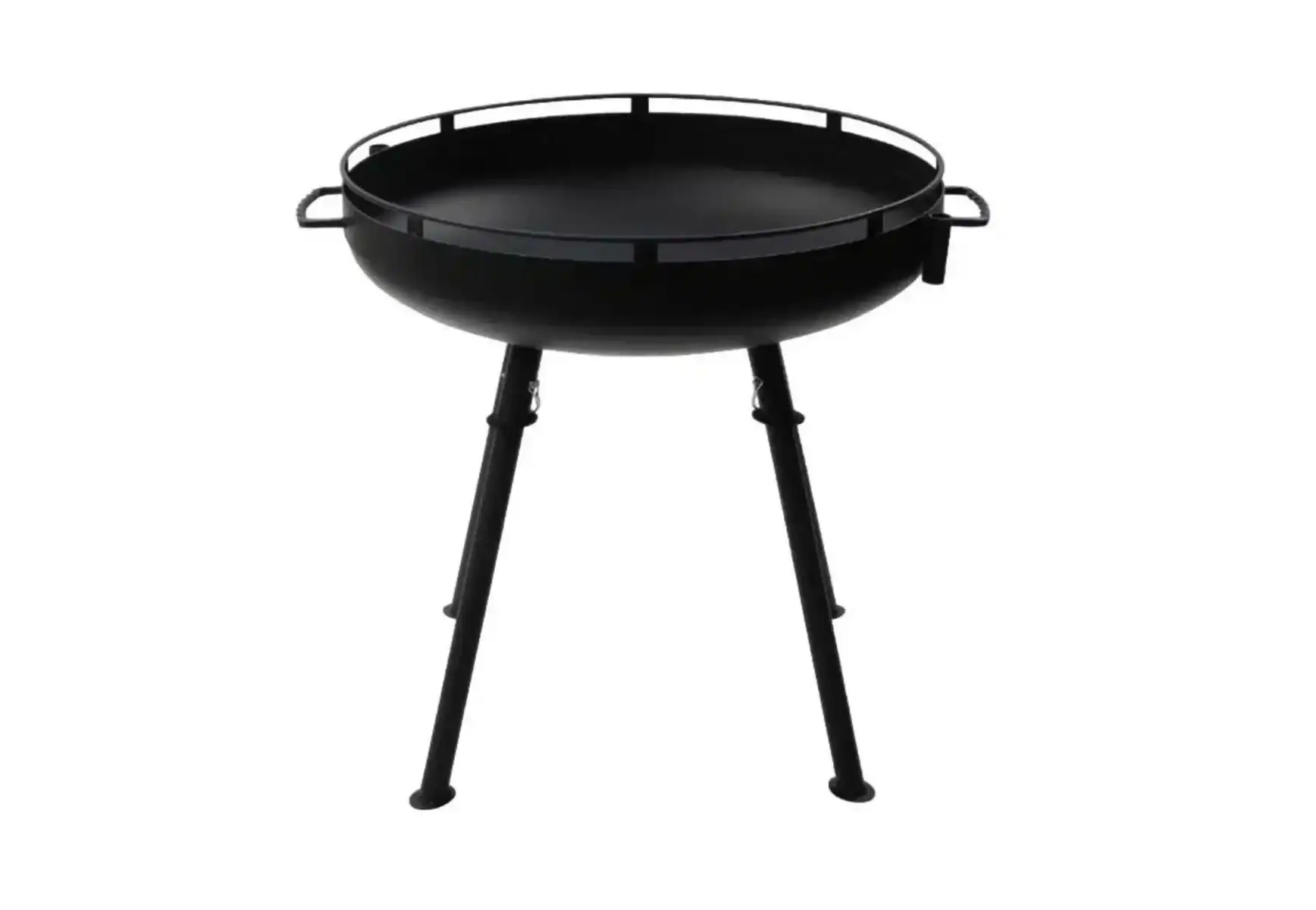 Große Cowboy-Feuerschale mit höhenverstellbarem Grillrost, ideal für Lagerfeuer und Grillabende im Freien, robustes Design in Schwarz.