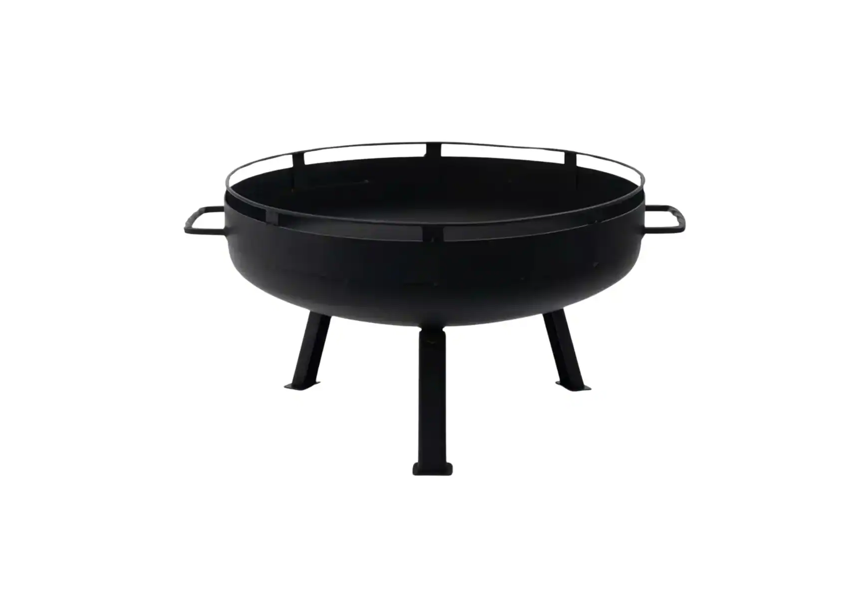 Schwarze runde Feuerstelle mit drei Beinen, ideal für Lagerfeuer und Grillabende im Garten, aus robustem Material gefertigt.
