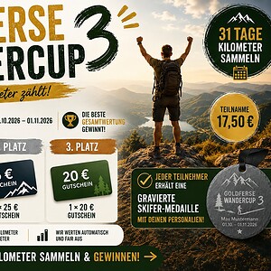 Teilnehmer des GoldFerse Wandercup 3 auf einem Berggipfel mit Blick auf die Berge, symbolisiert das Sammeln von Kilometern und den Erfolg beim Wandercup.