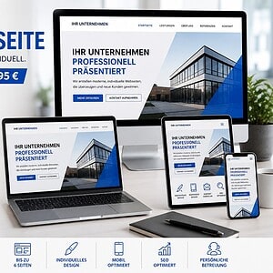 Moderne, individuelle Firmenwebseite auf verschiedenen Geräten wie Desktop, Tablet und Smartphone, präsentiert mit professionellem Webdesign und SEO-Optimierung.