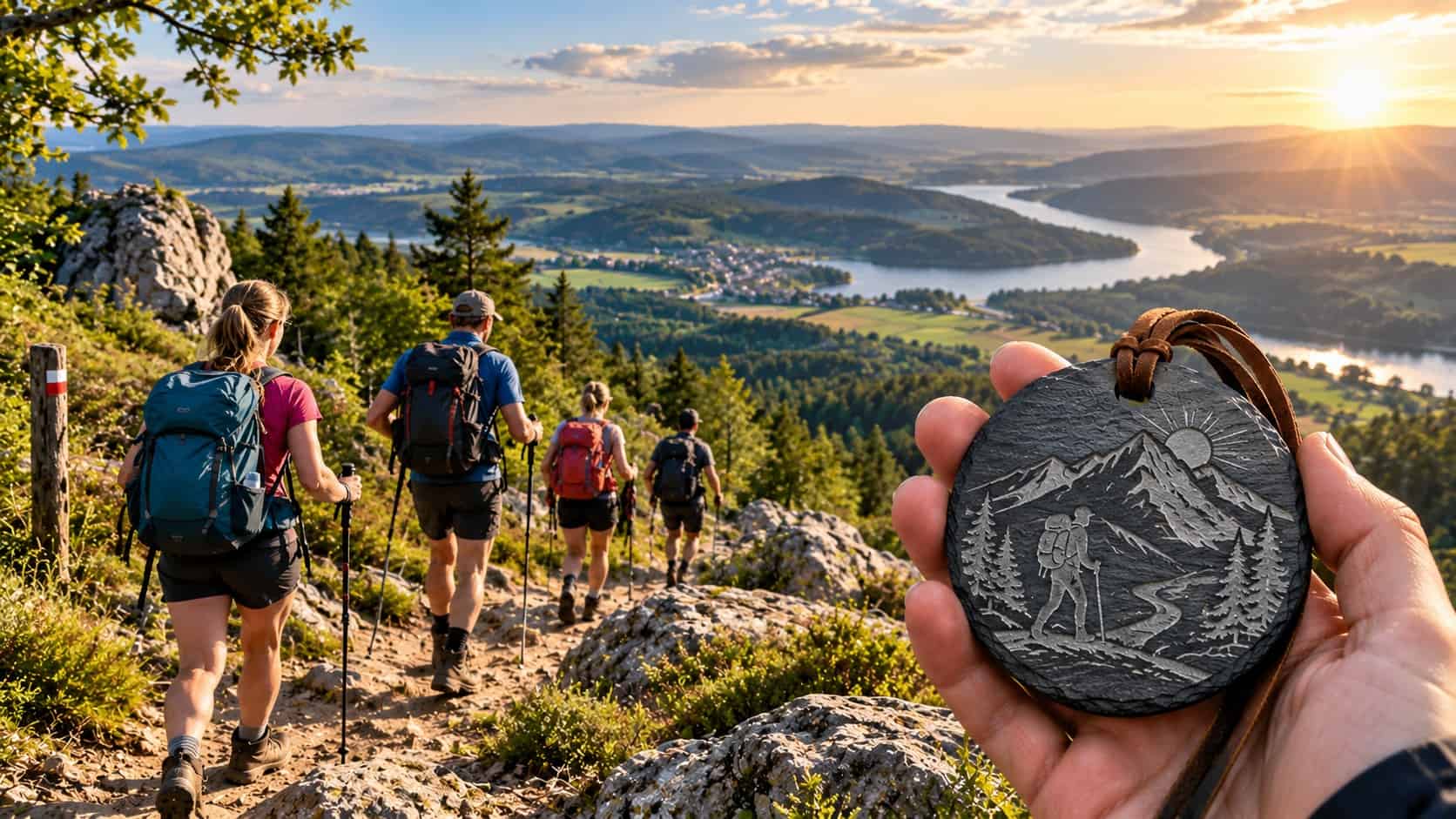 Wanderer in der Natur mit gravierter Schiefermedaille